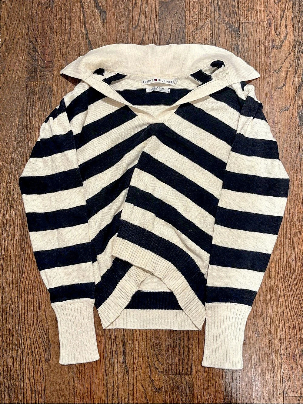 Late 90’s to Early 2000’s Tommy Hilfiger Striped Collared Sweater in Black & Cre